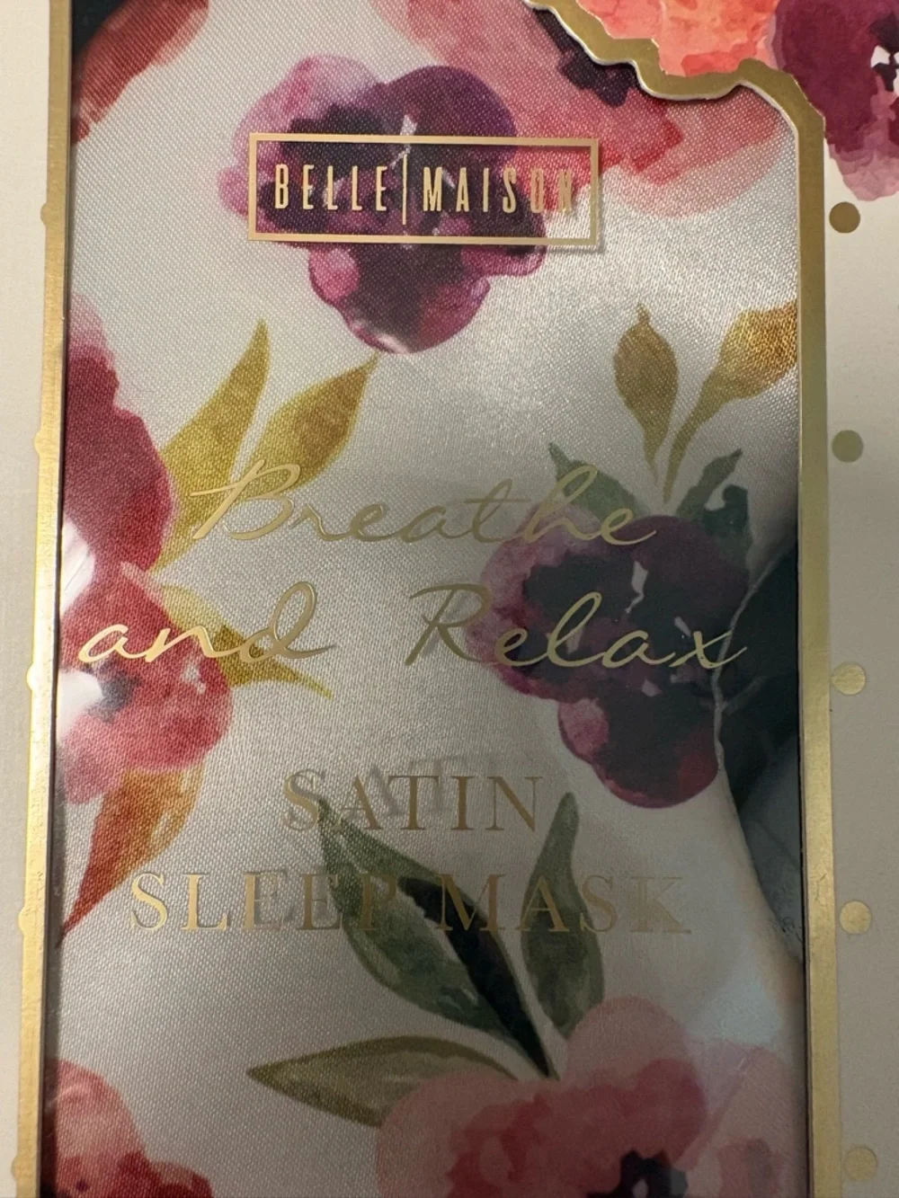 Belle Maison Satin Sleep Mask – Floral “Breathe & Relax” – New in Package